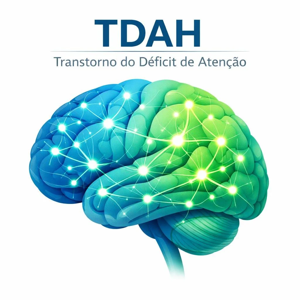 Ilustração de cérebro com texto TDAH